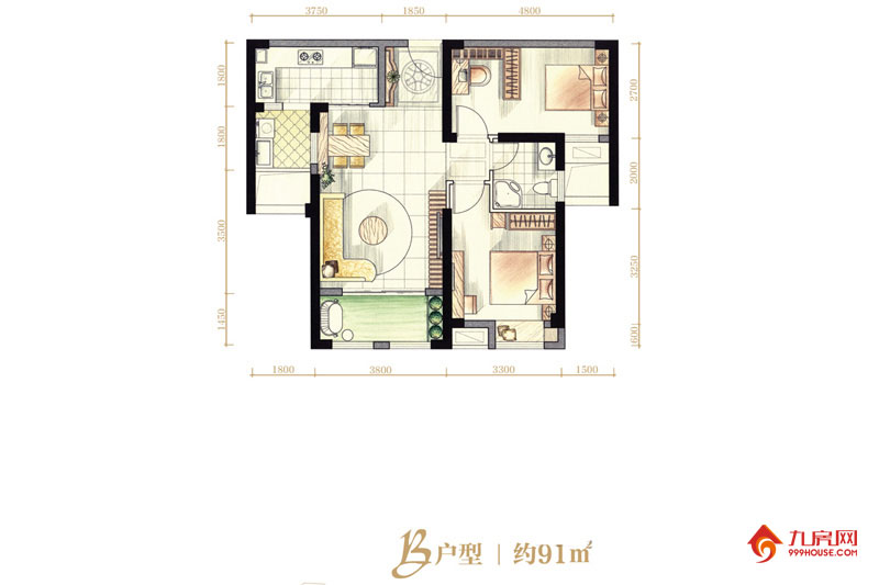 2室2厅2卫约91.00平米
