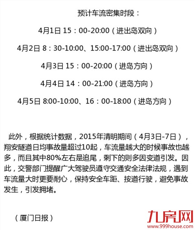 清明翔安隧道日均车流将破9万 请避开这7个时段——九房网