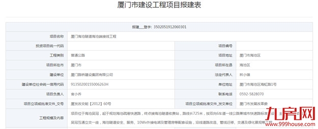 海沧隧道本岛/海沧端端接线工程报建 拟投12.4亿——九房网